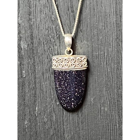 925 Sterling Silver Purple Goldstone Pendant Necklace 20” Box Chain Boho Artisan - Picture 1 of 10